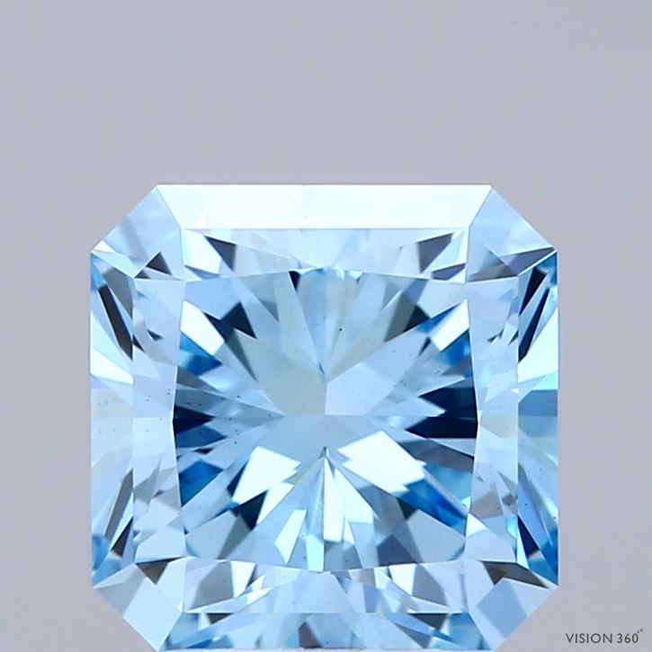 3.00 Carat Radiant Shaped, Ideal Cut, FANCY INTENSE BLUE Color, VS1 Clarity, IGI Certified Lab Grown Diamond