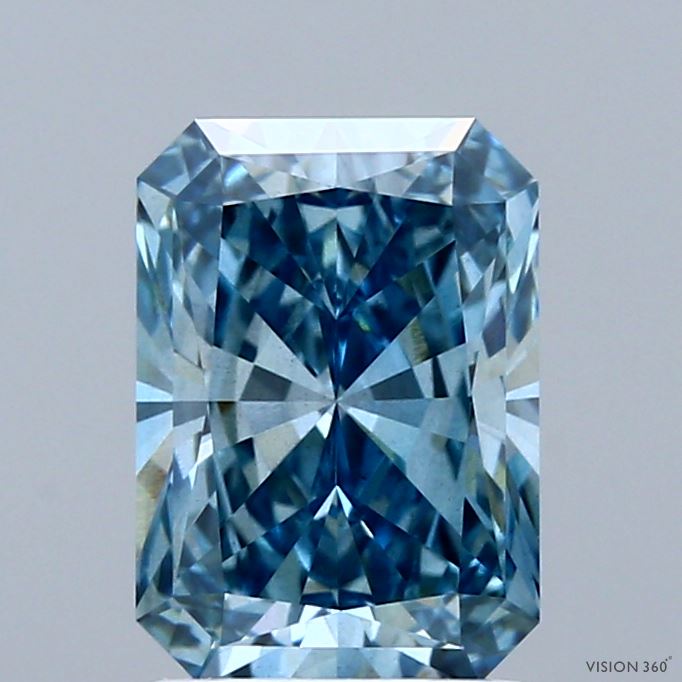 2.05 Carat Radiant Shaped, Ideal Cut, FANCY VIVID GREENISH BLUE Color, VS2 Clarity, IGI Certified Lab Grown Diamond