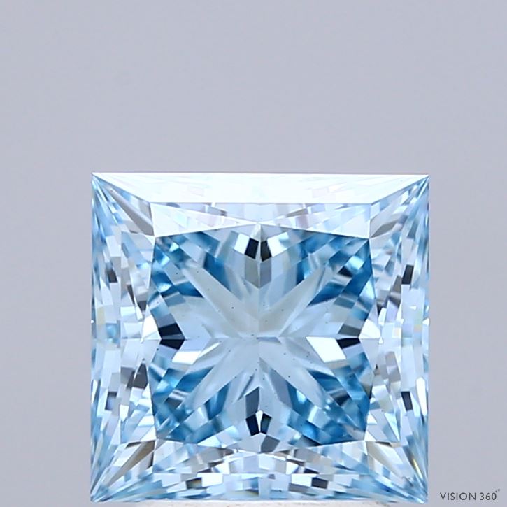 2.52 Carat Princess Shaped, Ideal Cut, FANCY VIVID BLUE Color, VS1 Clarity, IGI Certified Lab Grown Diamond