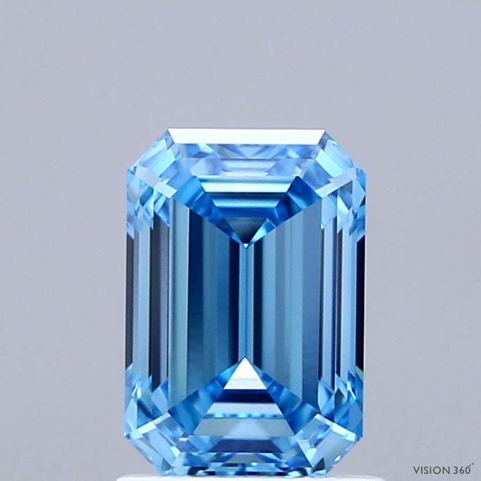 1.40 Carat Emerald Shaped, Ideal Cut, FANCY VIVID BLUE Color, VS1 Clarity, IGI Certified Lab Grown Diamond