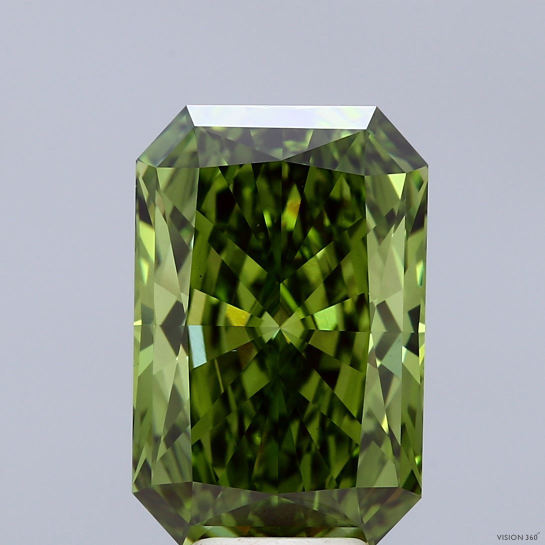 6.20 Carat Radiant Shaped, Ideal Cut, FANCY VIVID GREEN Color, VS1 Clarity, IGI Certified Lab Grown Diamond