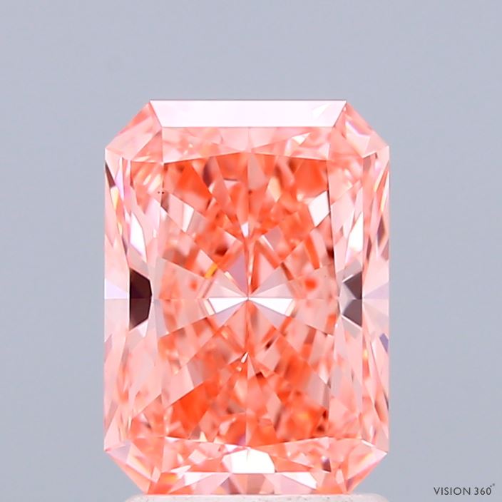 2.03 Carat Radiant Shaped, Ideal Cut, FANCY VIVID ORANGE PINK Color, VS1 Clarity, IGI Certified Lab Grown Diamond