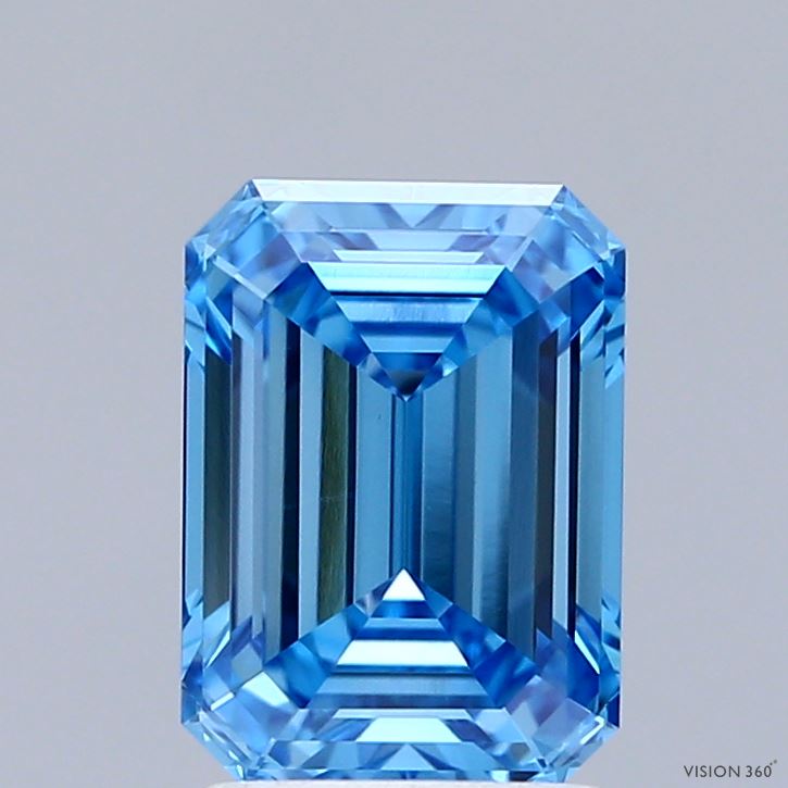 2.06 Carat Emerald Shaped, Ideal Cut, FANCY VIVID BLUE Color, VVS1 Clarity, IGI Certified Lab Grown Diamond