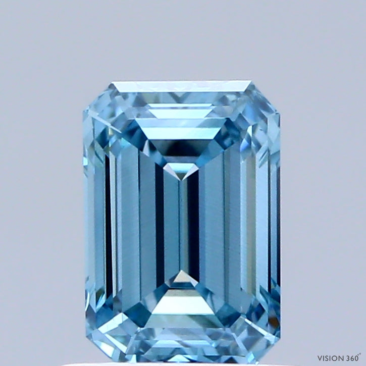 0.95 Carat Emerald Shaped, Ideal Cut, FANCY VIVID BLUE Color, VS2 Clarity, IGI Certified Lab Grown Diamond