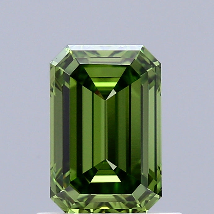 1.02 Carat Emerald Shaped, Ideal Cut, FANCY VIVID GREEN Color, VS1 Clarity, IGI Certified Lab Grown Diamond