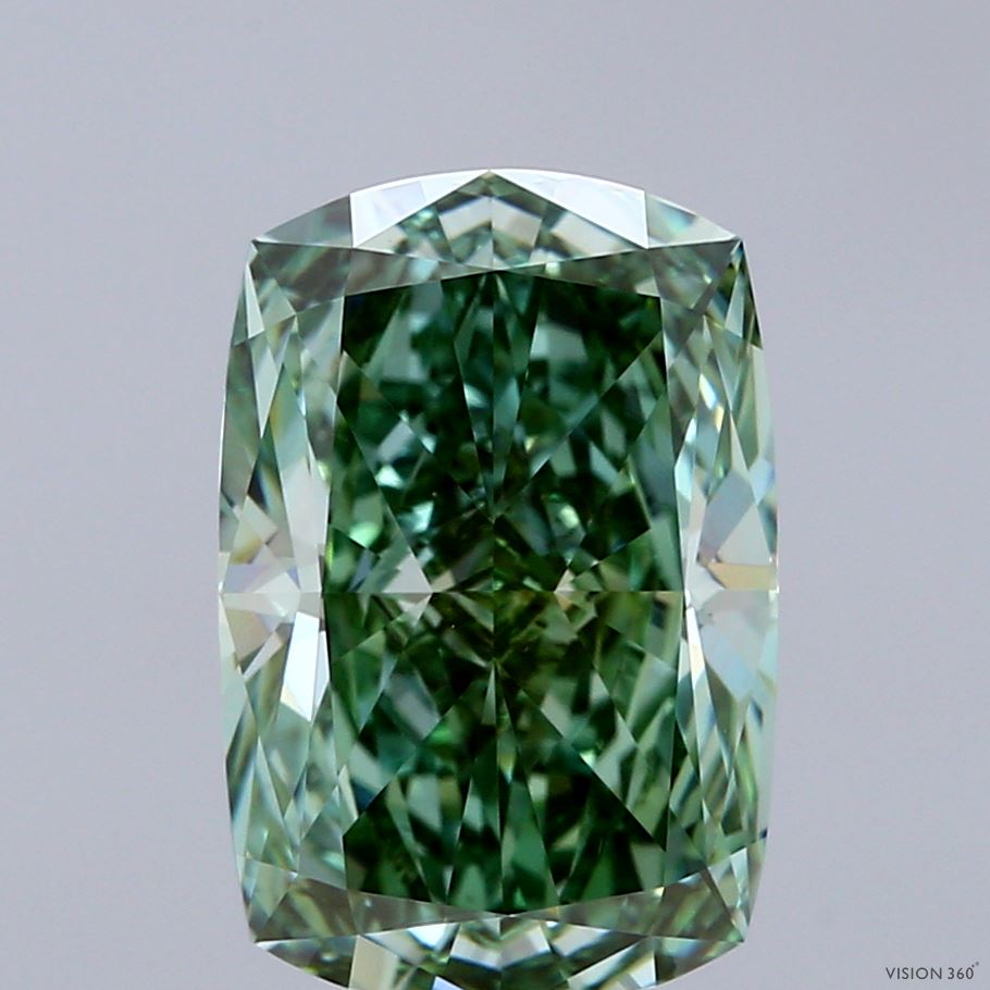 4.04 Carat Cushion Shaped, Ideal Cut, FANCY VIVID GREEN Color, VVS2 Clarity, IGI Certified Lab Grown Diamond