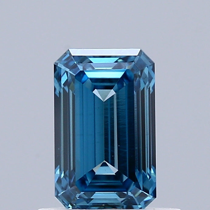 0.86 Carat Emerald Shaped, Ideal Cut, FANCY VIVID BLUE Color, VS1 Clarity, IGI Certified Lab Grown Diamond