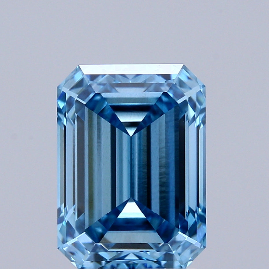 2.52 Carat Emerald Shaped, Ideal Cut, FANCY VIVID BLUE Color, VVS2 Clarity, IGI Certified Lab Grown Diamond