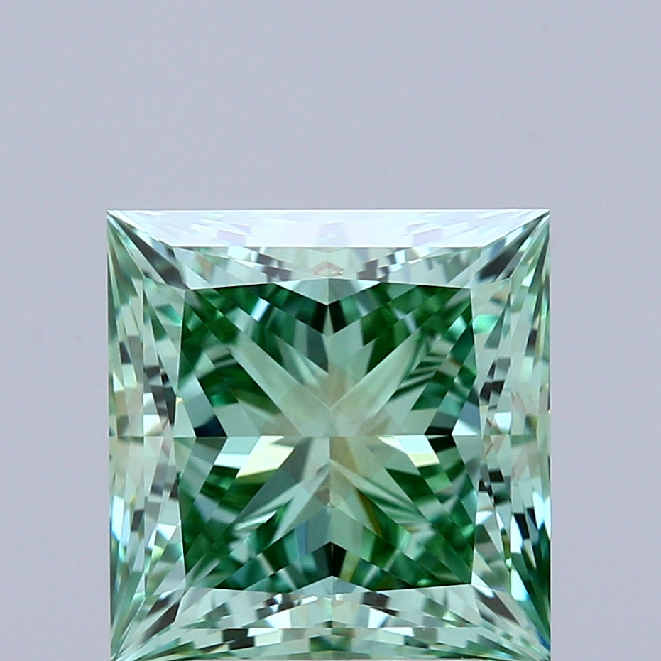 3.15 Carat Princess Shaped, Ideal Cut, FANCY VIVID GREEN Color, VS1 Clarity, IGI Certified Lab Grown Diamond