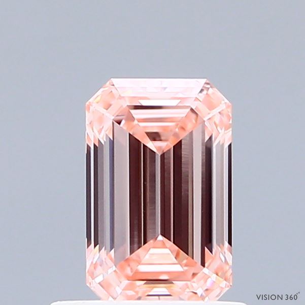 0.88 Carat Emerald Shaped, Ideal Cut, FANCY INTENSE PINK Color, VVS2 Clarity, IGI Certified Lab Grown Diamond