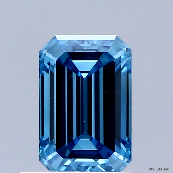 0.82 Carat Emerald Shaped, Ideal Cut, FANCY VIVID BLUE Color, VVS2 Clarity, IGI Certified Lab Grown Diamond
