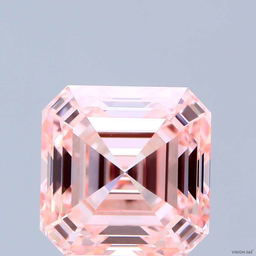 3.06 Carat Asscher Shaped, Ideal Cut, FANCY INTENSE PINK Color, VVS2 Clarity, IGI Certified Lab Grown Diamond