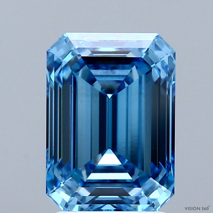 3.00 Carat Emerald Shaped, Ideal Cut, FANCY VIVID BLUE Color, VS1 Clarity, IGI Certified Lab Grown Diamond