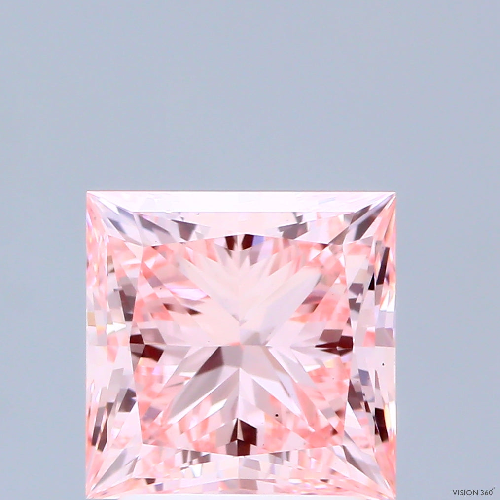 2.65 Carat Princess Shaped, Ideal Cut, FANCY VIVID PINK Color, VS1 Clarity, IGI Certified Lab Grown Diamond