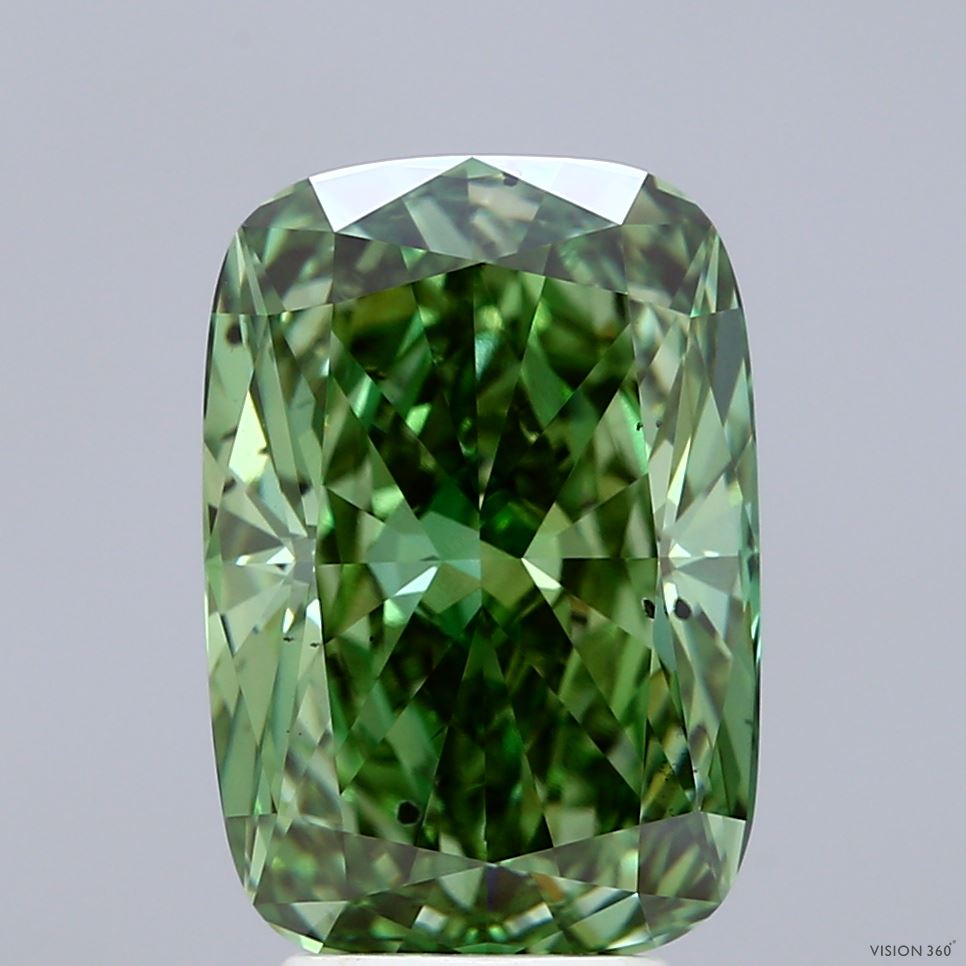 5.11 Carat Cushion Shaped, Ideal Cut, FANCY VIVID GREEN Color, SI1 Clarity, IGI Certified Lab Grown Diamond