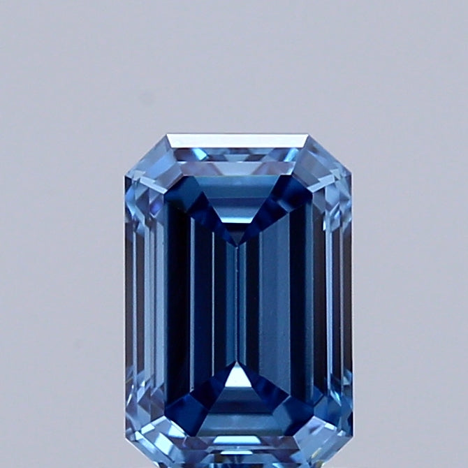 0.71 Carat Emerald Shaped, Ideal Cut, FANCY VIVID BLUE Color, VS1 Clarity, IGI Certified Lab Grown Diamond
