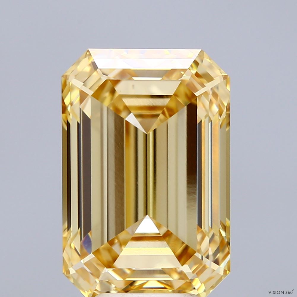 7.02 Carat Emerald Shaped, Ideal Cut, FANCY INTENSE YELLOW Color, VS1 Clarity, IGI Certified Lab Grown Diamond