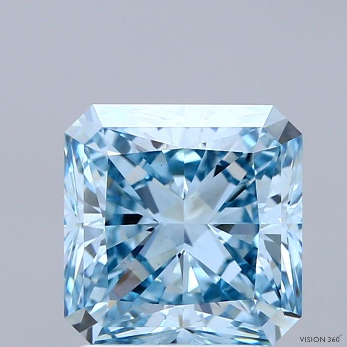 2.46 Carat Radiant Shaped, Ideal Cut, FANCY INTENSE BLUE Color, VS1 Clarity, IGI Certified Lab Grown Diamond