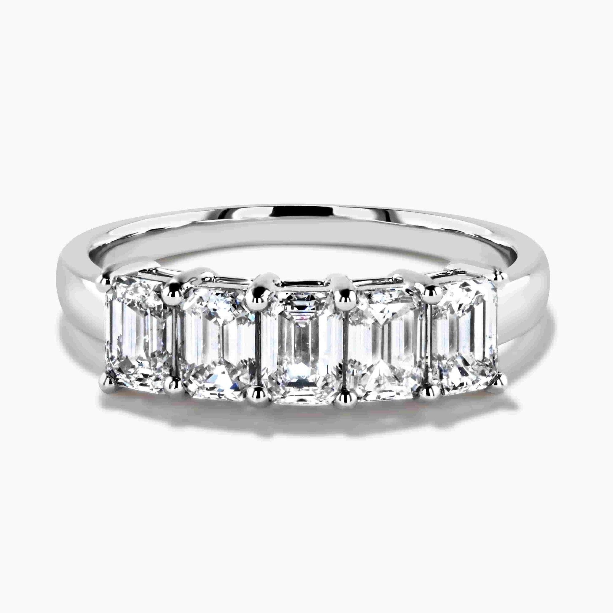 5 Stone Emerald Cut Band Shown In 14K White Gold|emerald cut lab grown diamond band set in 14k recycled white gold metal by MiaDonna