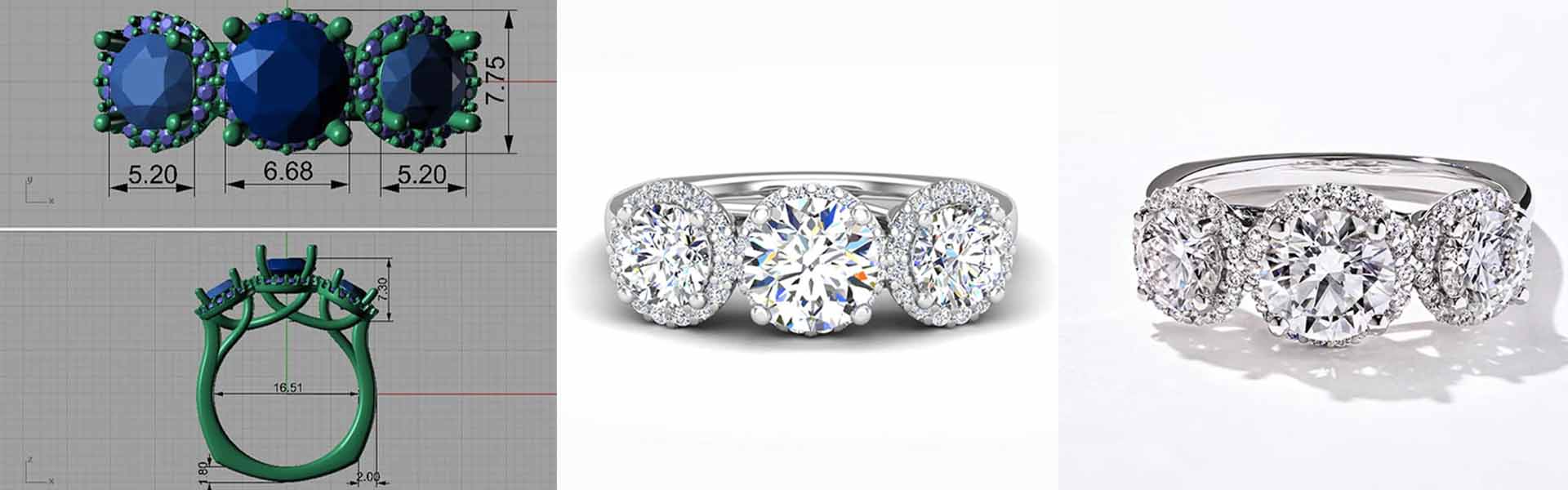 custom designed ring rendered concept of large center stone with a halo of diamonds and filigree