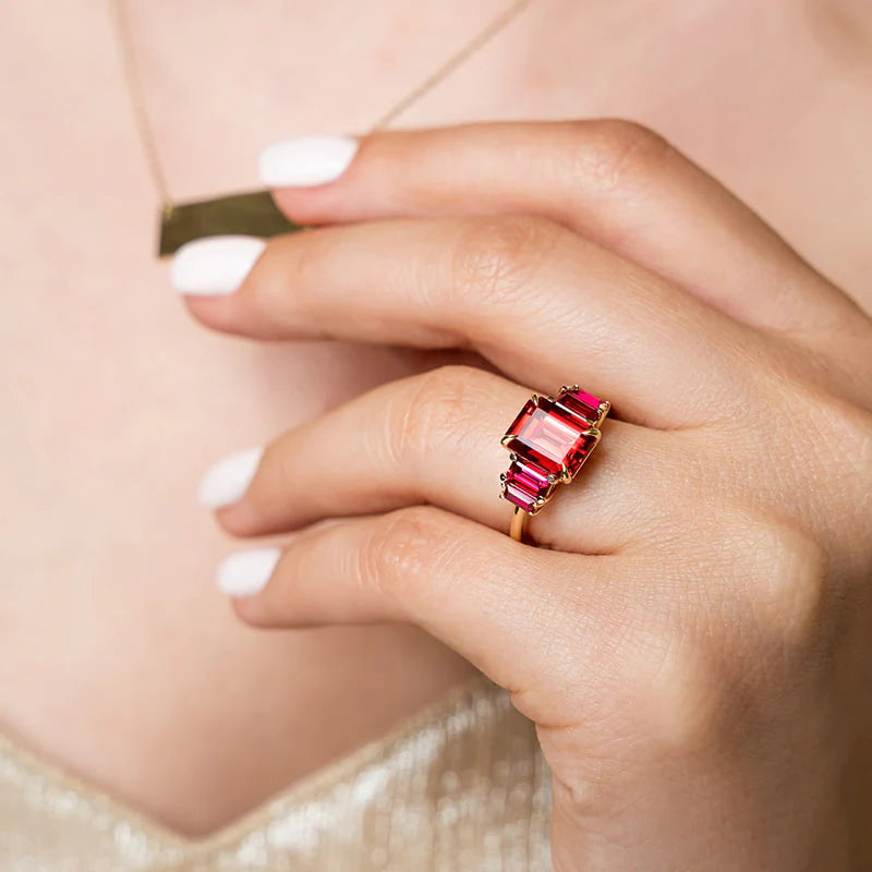 custom three stone lab created ruby engagement ring