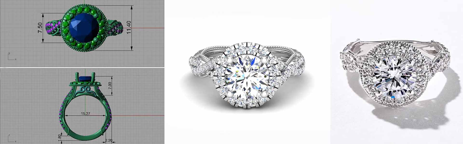 custom designed ring rendered concept of oval center stone with diamond accents