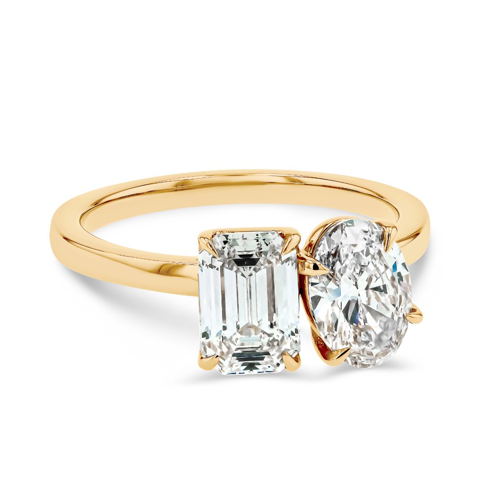 Shown In 14K Yellow Gold With An Emerald Cut and Oval Cut Lab Grown Diamond|toi et moi with an emerald cut and oval cut lab grown diamond