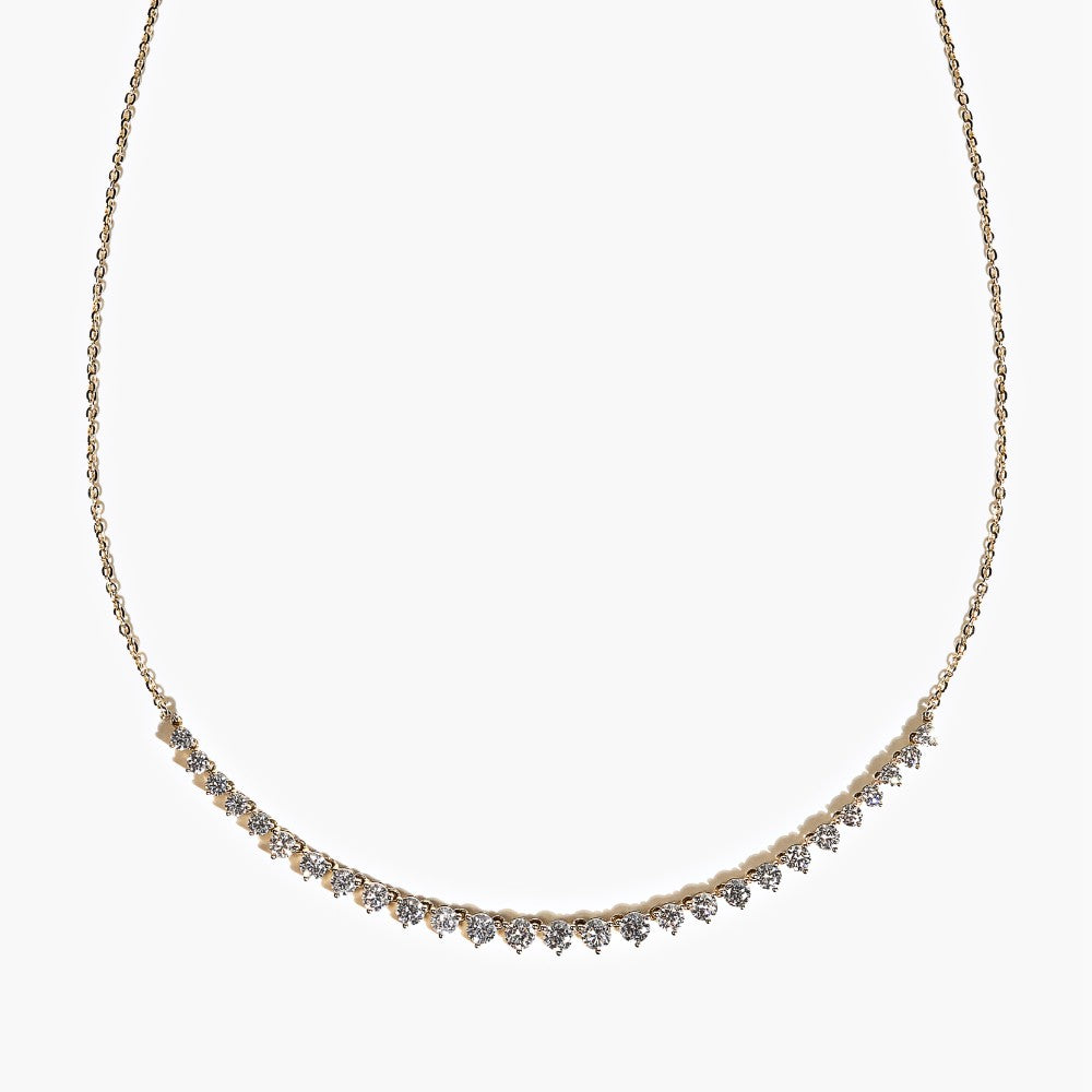 Shown in 14K Yellow Gold|graduated mini tennis necklace with lab grown diamonds set in 14k recycled yellow gold