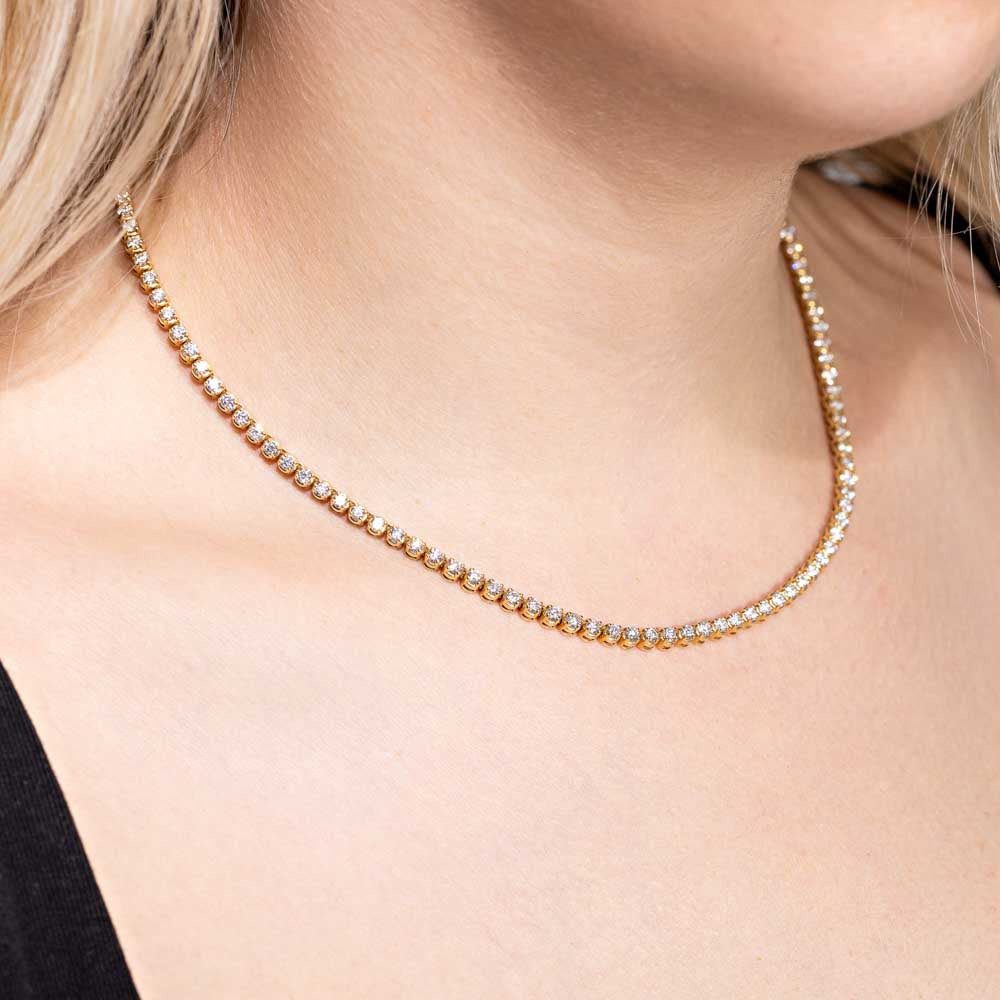 Shown in 14K Yellow Gold|classic tennis necklace with round cut lab grown diamonds set in 14k yellow gold recycled metal by MiaDonna
