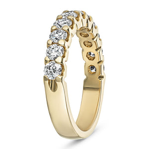 Luxurious diamond accented anniversary band with 11 round cut lab grown diamonds set in solid 14k yellow gold shown from side