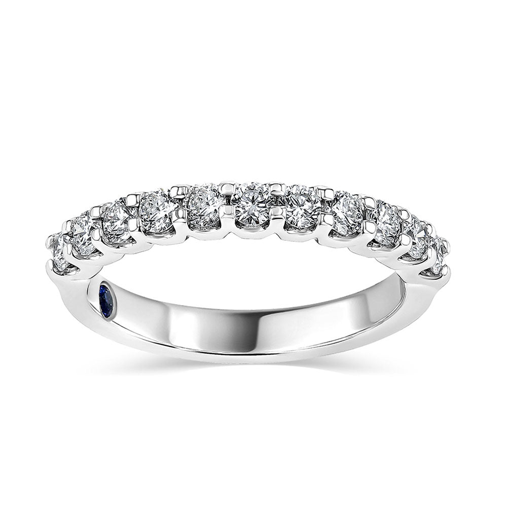 Shown with 0.50ctw Lab Diamonds in 14k White Gold|Beautiful diamond accented wedding band with 11 round cut lab grown diamonds set in 14k white gold with lab grown blue sapphire