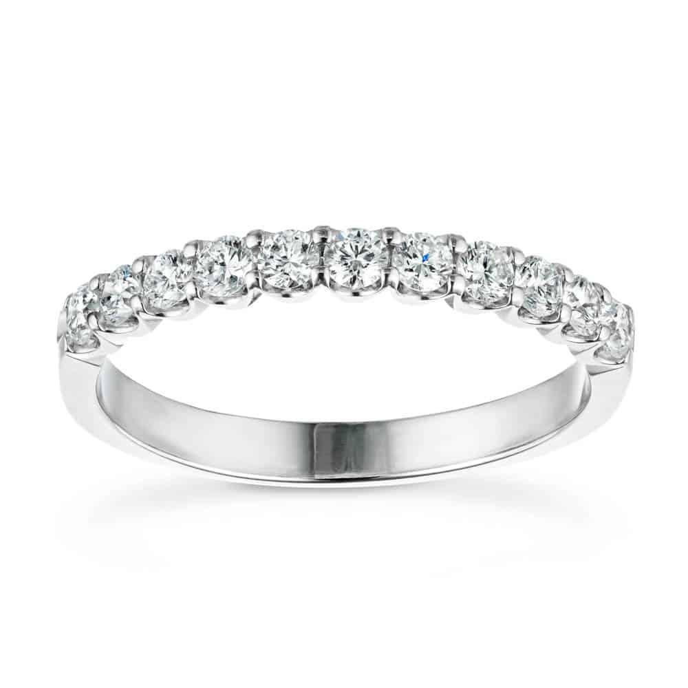 Shown with 0.50ctw Lab Diamonds in 14k White Gold|Ethical diamond accented wedding band with 11 round cut lab grown diamonds set in recycled 14k white gold