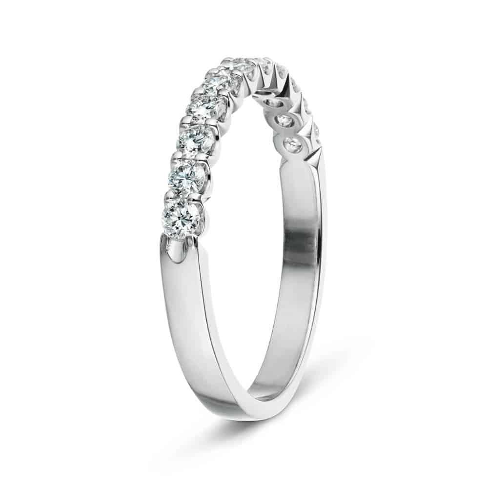 Shown with 0.50ctw Lab Diamonds in 14k White Gold|Ethical diamond accented wedding band with 11 round cut lab grown diamonds set in recycled 14k white gold