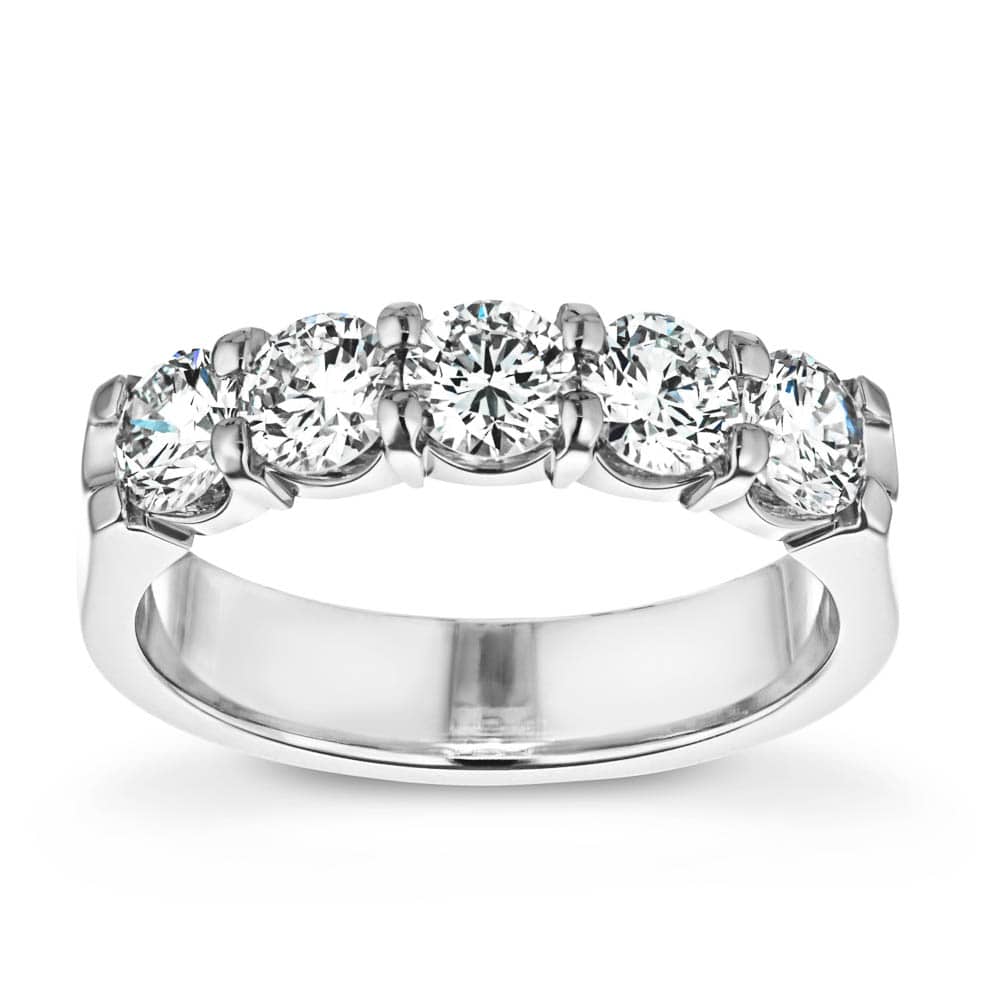 Shown with 5 Round Cut Lab Grown Diamonds in 14k White Gold|Ethical 5 stone lab grown diamond wedding band in 14k white gold
