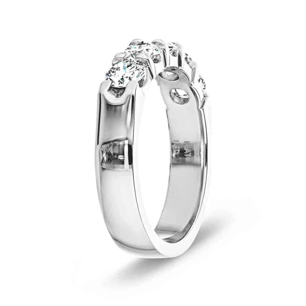 Shown with 5 Round Cut Lab Grown Diamonds in 14k White Gold|Ethical 5 stone lab grown diamond wedding band in 14k white gold