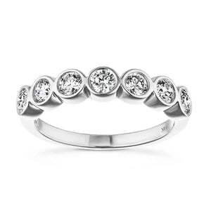 Beautiful 7 stone bezel ring with lab created diamonds in 14k white gold