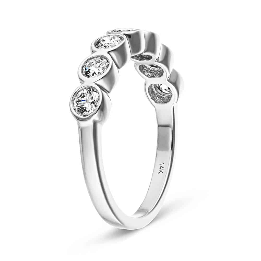 Shown in 14k White Gold|Beautiful 7 stone bezel ring with lab created diamonds in 14k white gold