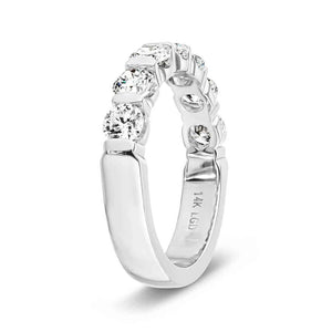 Ethical 7 stone wedding ring with bar set lab grown diamonds in recycled 14k white gold shown from side