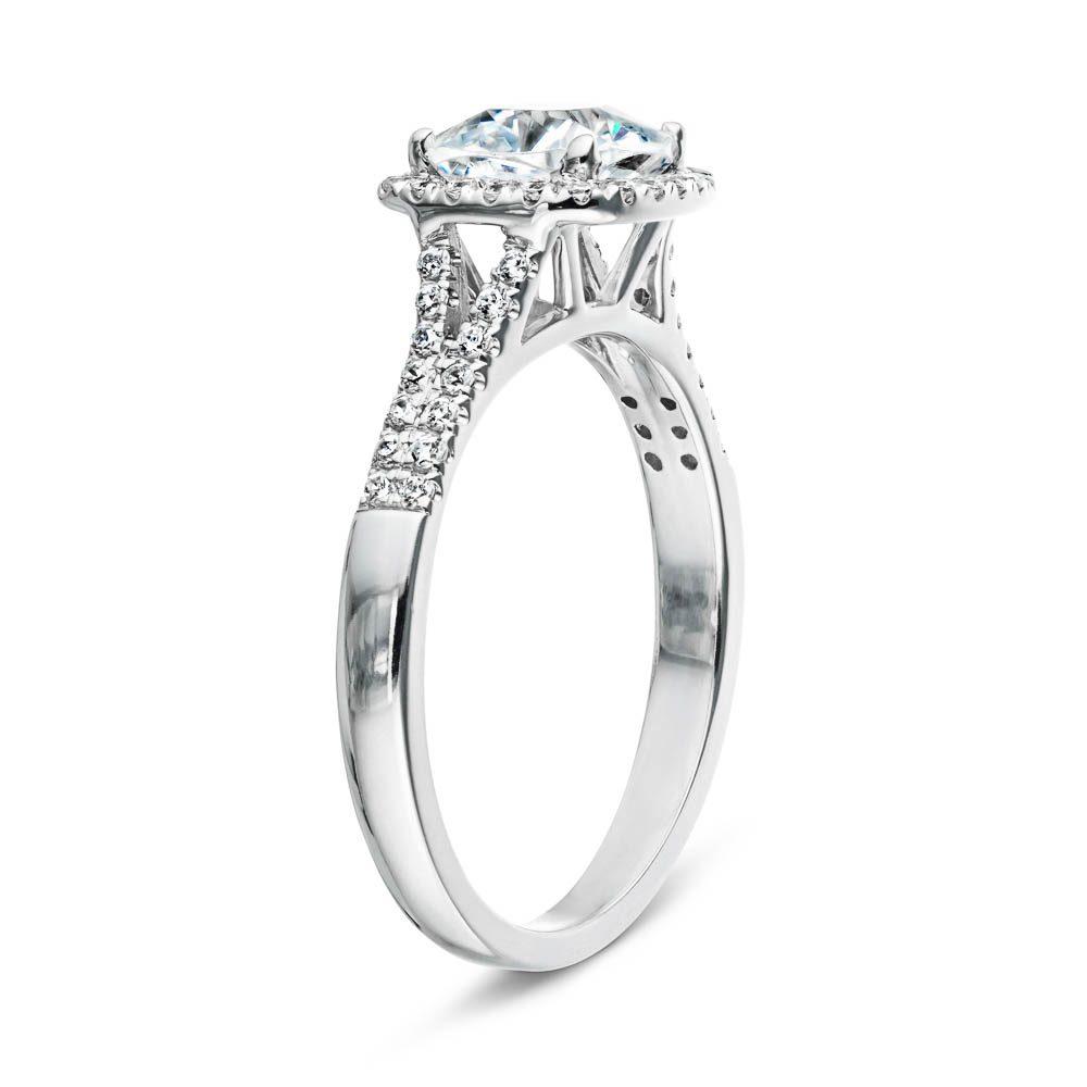 Adara Accented Engagement Ring shown here with a 2.0ct cushion cut lab grown diamond set in recycled 14K white gold. 