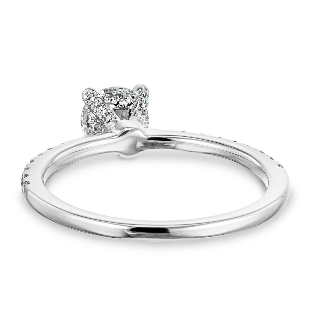 Shown with 1ct round cut lab grown diamond in 14k white gold
