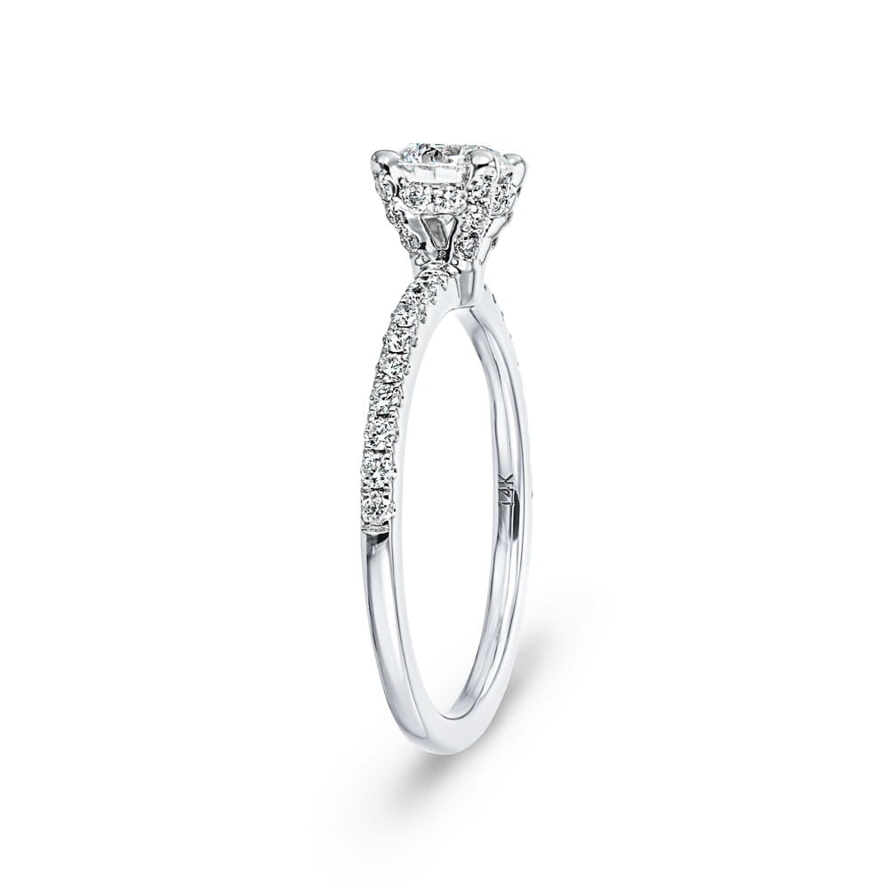 Shown with 1ct round cut lab grown diamond in 14k white gold|Adelaide diamond accented hidden halo engagement ring with 1ct round cut lab grown diamond in 14k white gold