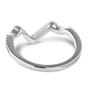 Diamond accented wavy v wedding ring in recycled 14k white gold shown from back