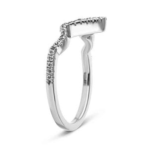Unique design diamond accented wavy v wedding ring in recycled 14k white gold shown from side