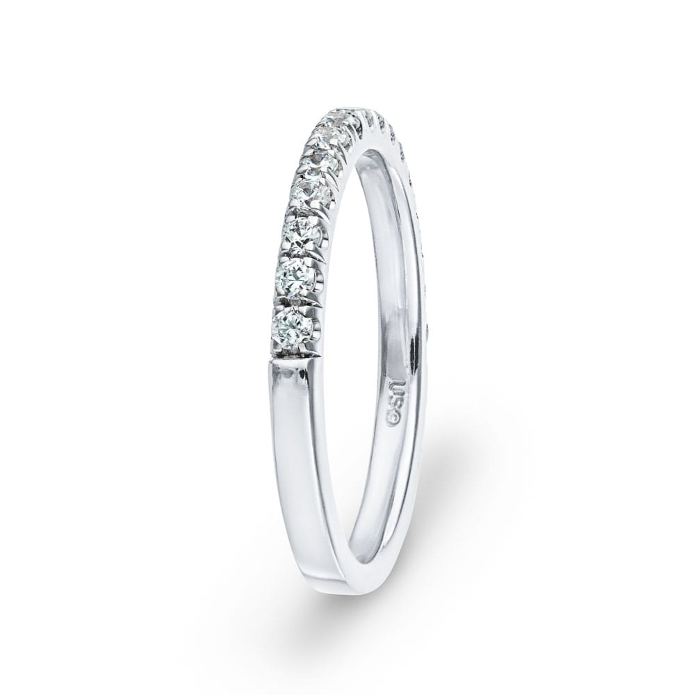 Shown in 14k White Gold|Ethical diamond accented stackable wedding band made in USA with recycled 14k white gold