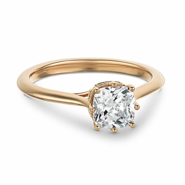 Shown with a 1ct Cushion cut Lab Grown Diamond in 14k Rose Gold|Hidden halo engagement ring with 8 prongs holding a 1ct cushion cut lab grown diamond in 14k rose gold