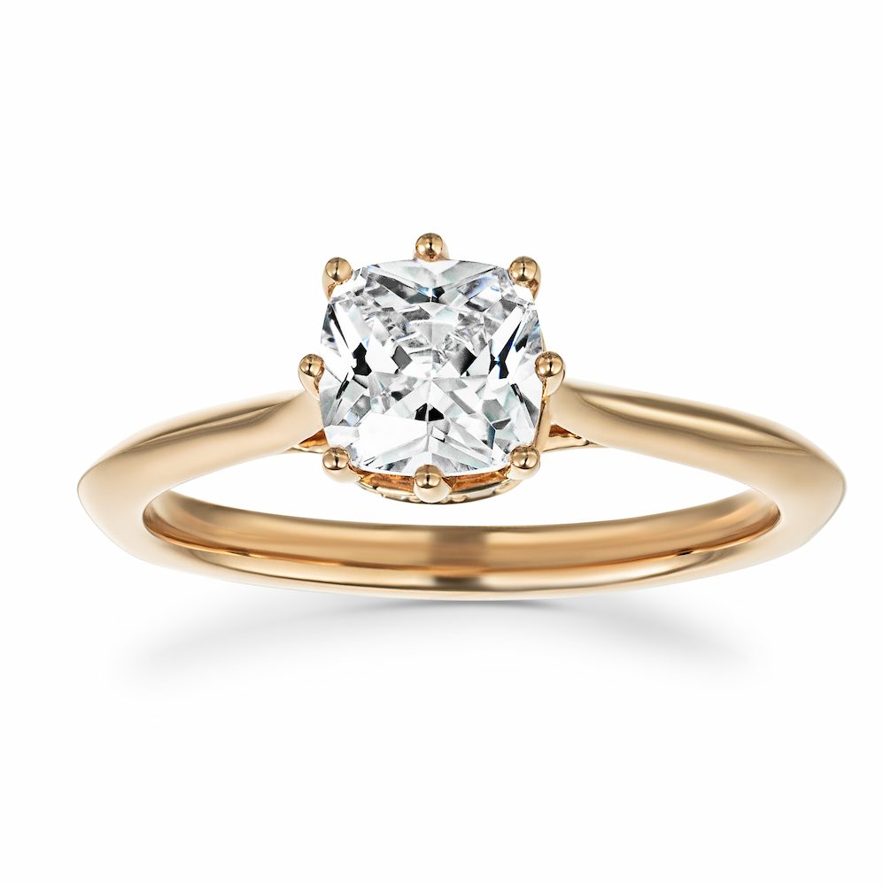 Shown with a 1ct Cushion cut Lab Grown Diamond in 14k Rose Gold
