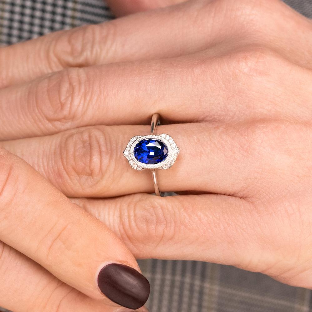 Shown with 2ct Oval Cut Lab Grown Blue Sapphire in 14k White Gold