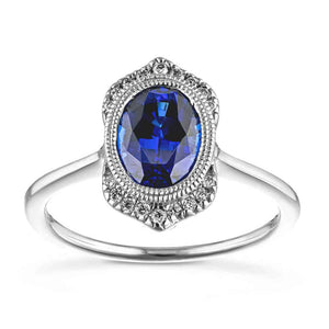 Beautiful 1920 Vintage style engagement ring with 2ct oval cut lab created blue sapphire in 14k white gold