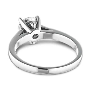 Solitaire engagement ring with peek-a-boo diamonds and a 1ct round cut lab created diamond set in 14k recycled white gold shown from back