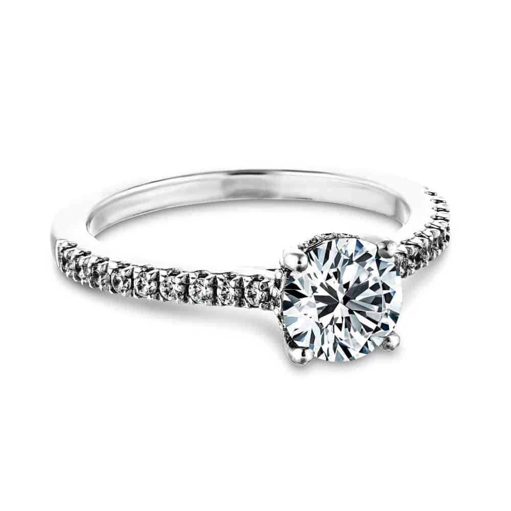 Shown with 1ct Round Cut Lab Grown Diamonds in 14k White Gold|Hidden halo diamond accented engagement ring with 1ct round cut lab grown diamond in 14k white gold